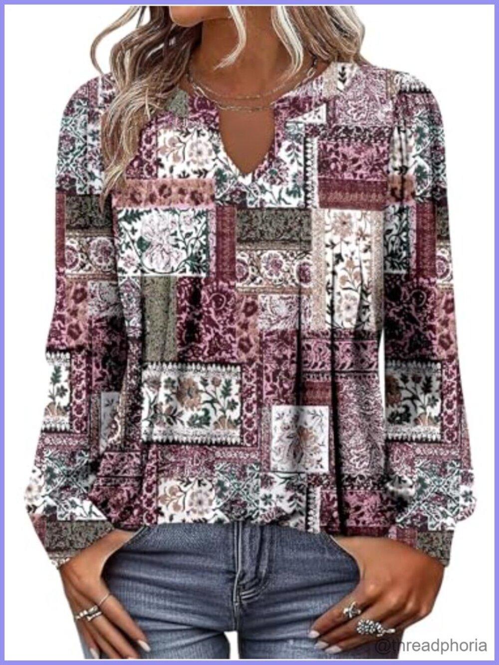 Women's Floral Tunic Top Long Sleeve V-Neck Blouse Ruffled Casual Fall